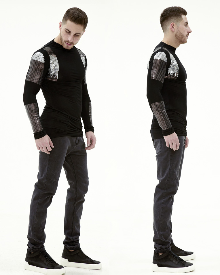 Мужская дизайнерская футболка с длинным рукавом с отделкой паетками